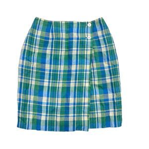 Talbots Wrap Around Skirt Women Size 6 Plaid 100% Irish Linen Blue Green Lined